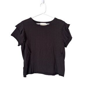 Judith March Top Size Small Crewneck Ruffle Short Sleeve Tee Solid Black Cotton